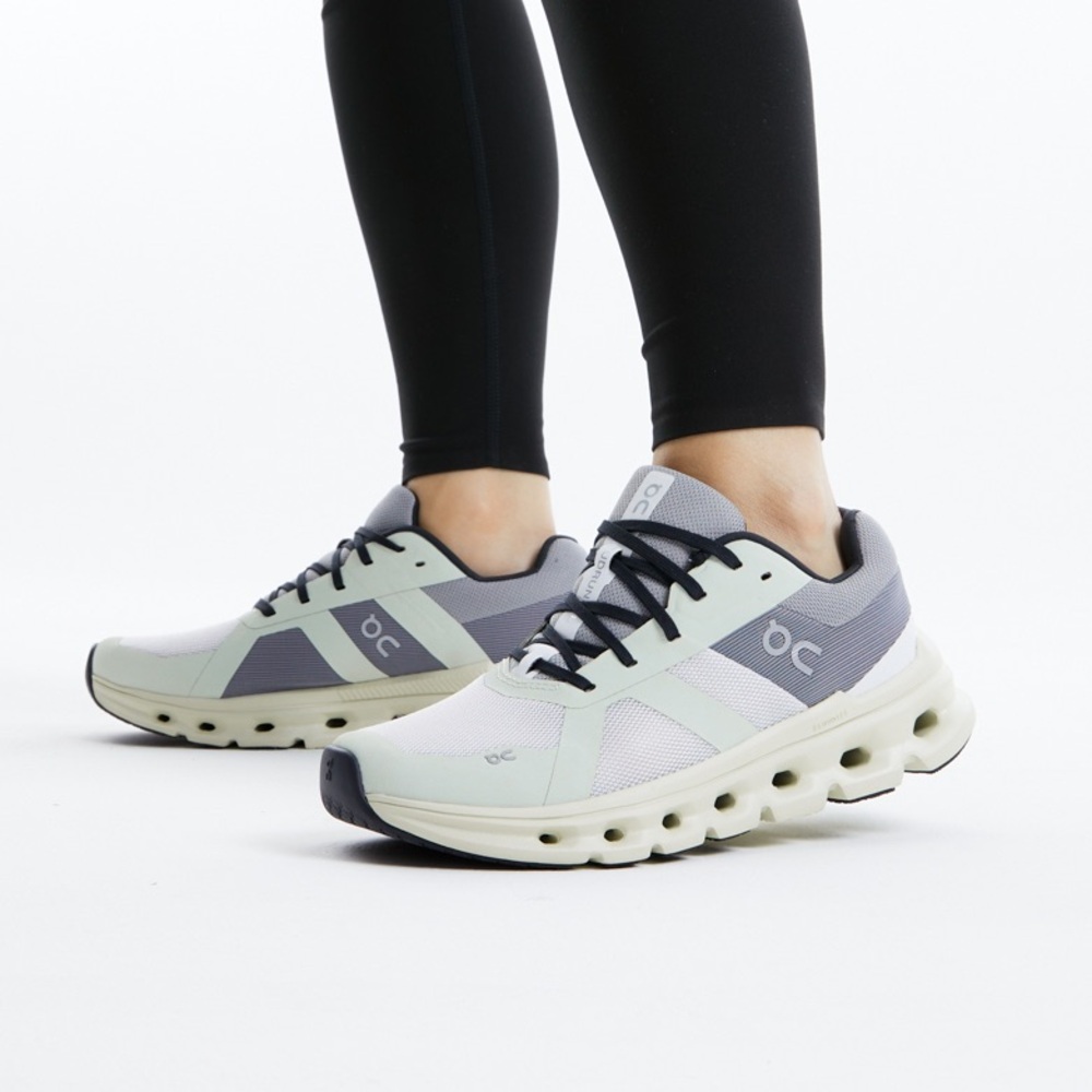 On Running Women's Pale Green and Gray Cloudrunner shoes